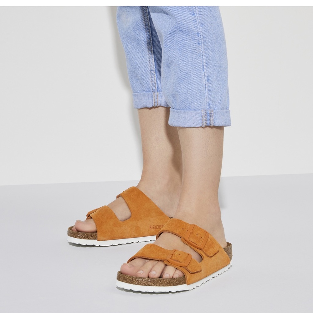 BIRKENSTOCK Arizona Women's Soft Bed Suede Mules Yellow Orange Sz 38